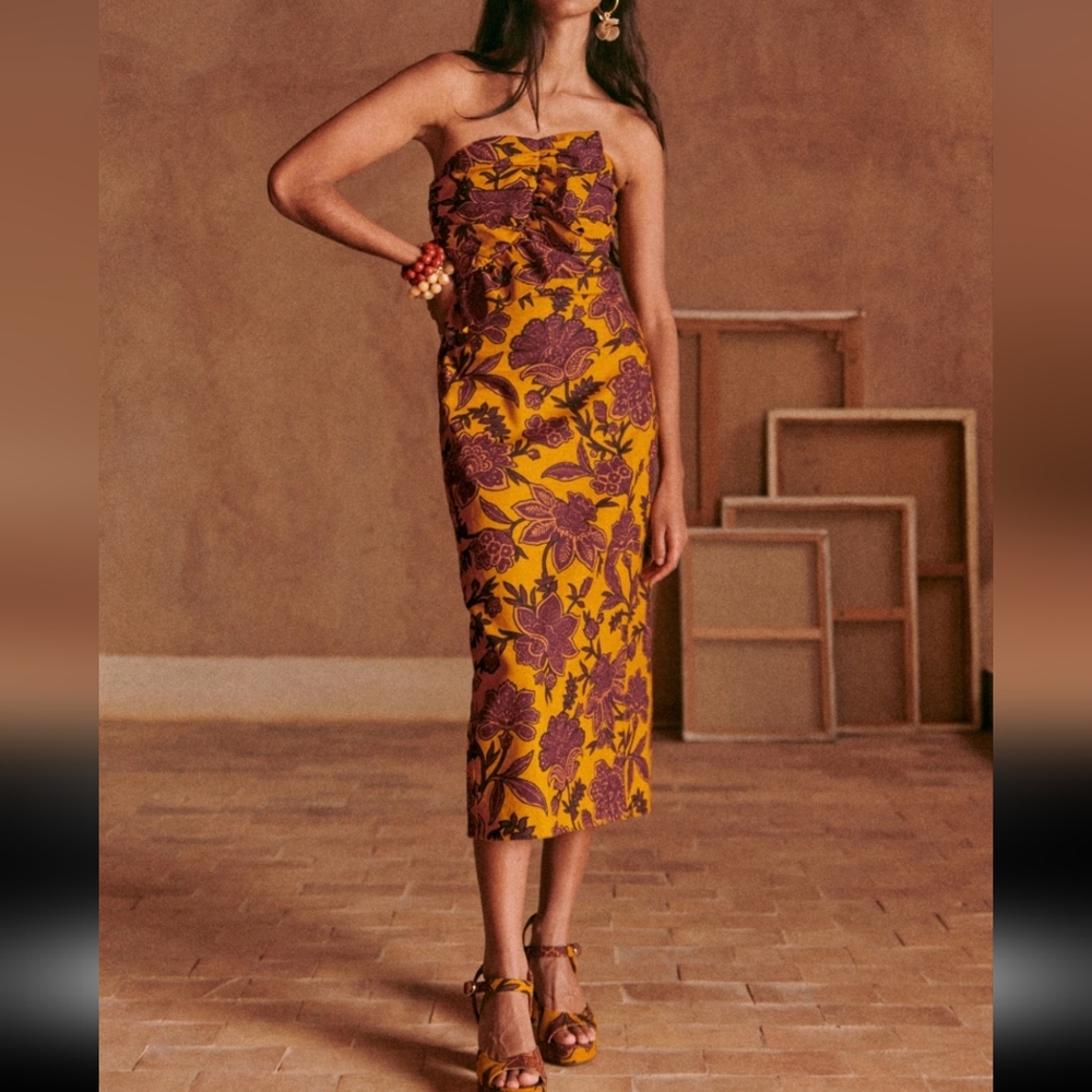 Sezane Pauline Floral Midi Dress- Flowers On Ochre Background - Picture 1 of 12